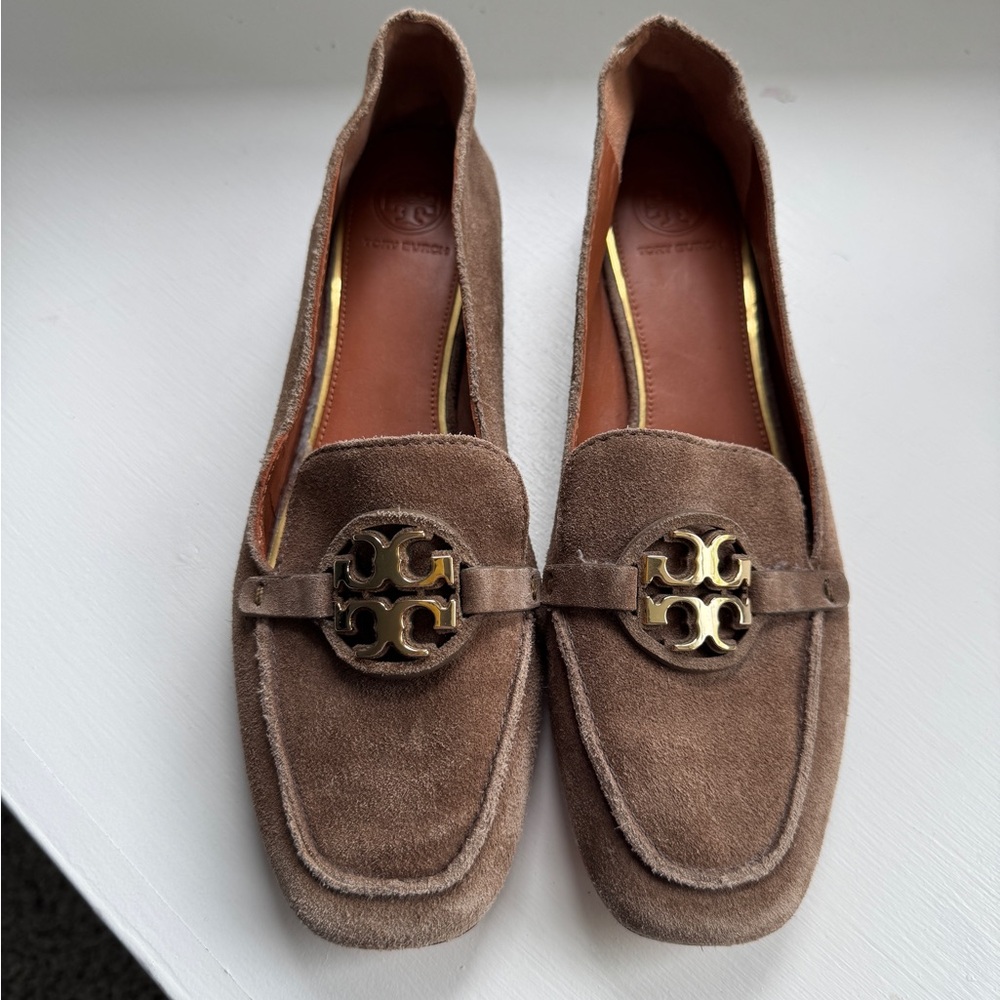 Tory Burch Taupe Suede Loafers with Gold Emblem